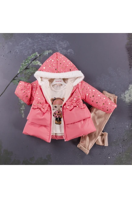 Kiz Baskili Bluz Kalpli Varak Peluş Mont Kadife Tayt Takim