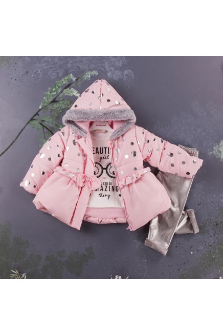 Baskili Bluz Puanli Varak Kapüşonlu Pofidik Mont Tayt Takim