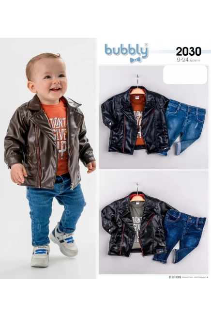 Baskili Sweatshirt Deri Ceket Kot Pantolon Takim