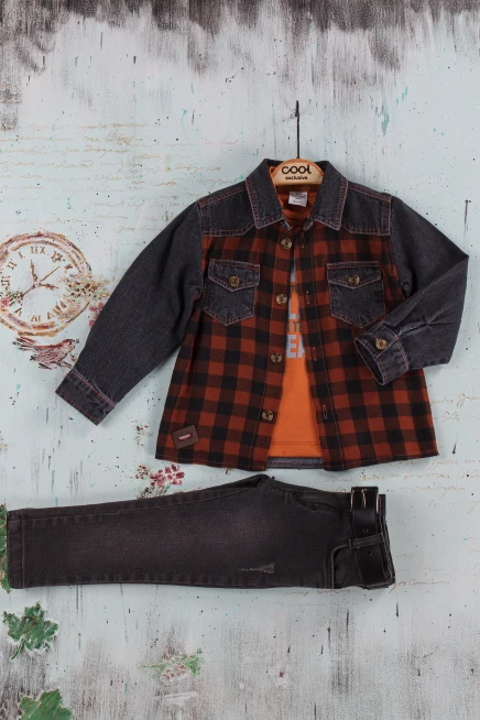 Sweatshirtlü Kareki Kot Gömlek Kot Pantolon Takim