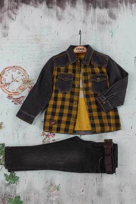 Sweatshirtlü Kareki Kot Gömlek Kot Pantolon Takim