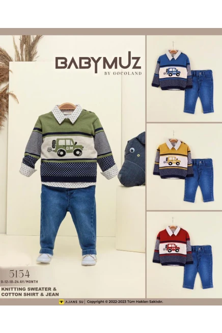 Gömlekli Araba Desen Kazaklı Kot Pantolonlu Takım