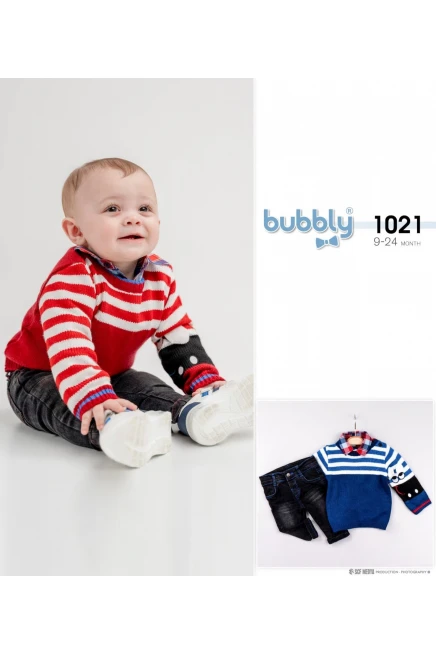 Renkli Gömlekli Çizgili Kazakli Kot Pantolon Takim