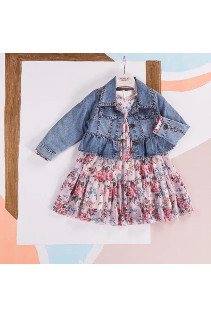 Kot Ceketli Yakası Volanlı Çiçek Desenli Elbise