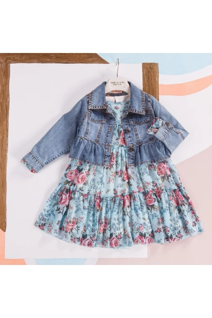 Kot Ceketli Yakası Volanlı Çiçek Desenli Elbise