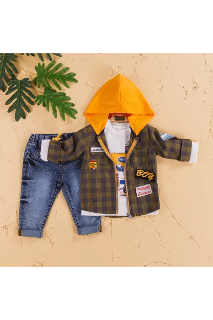 Kapişonlu Ekose Desenli Ceketli Pantolon Takım