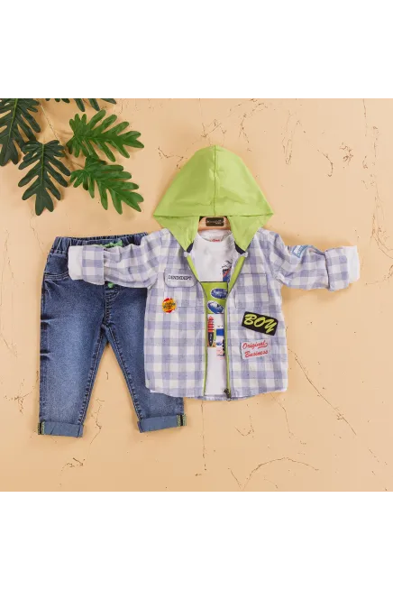 Kapişonlu Ekose Desenli Ceketli Pantolon Takım