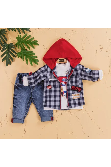 Kapişonlu Ekose Desenli Ceketli Pantolon Takım