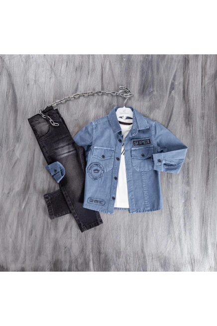 Baskili Tişört Gömlek Kot Pantolon Takim