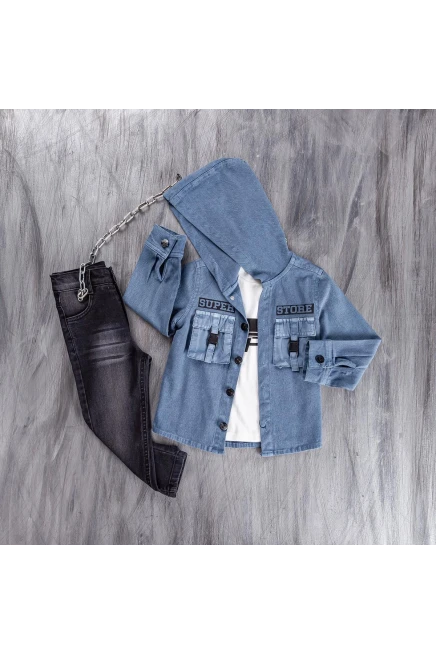 Baskili Tişört Kapüşonlu Gömlek Kot Pantolon Takim