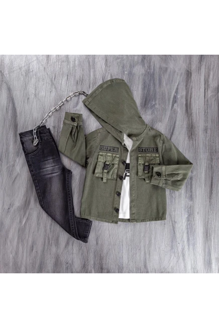 Baskili Tişört Kapüşonlu Gömlek Kot Pantolon Takim