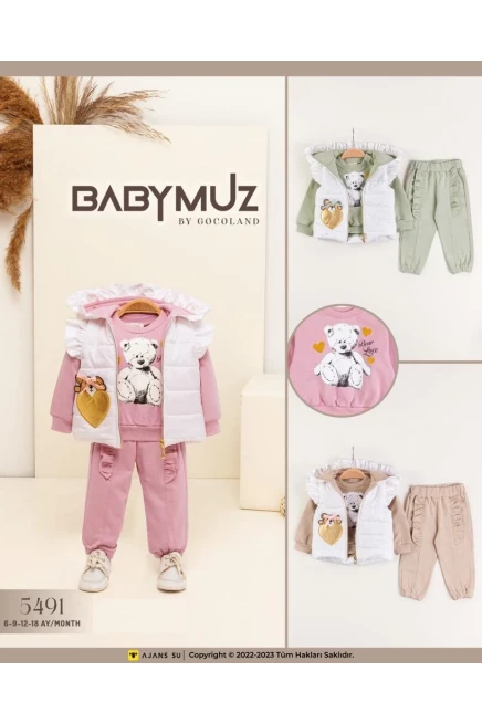 Kalpli Cep Detayli  Yelekli Ayicikli Eşofman Takimi