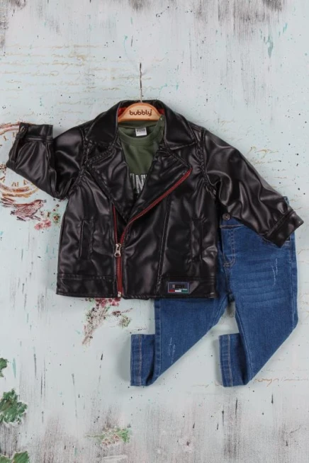 Baskili Sweatshirt Deri Ceket Kot Pantolon Takim