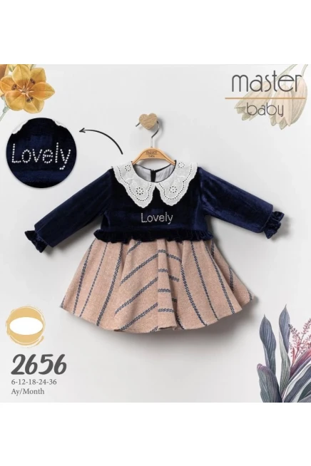 Bebe Yakali Lovel Yazili Kadife Elbise