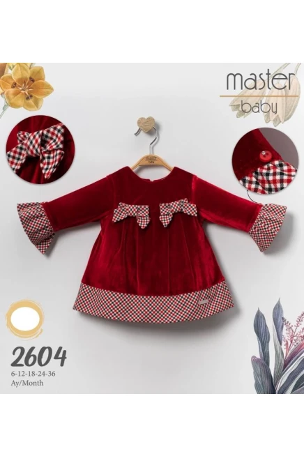 Kareli Çizgi Detayli Ve Fiyonklu Kadife Elbise