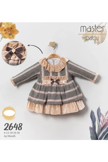 Kadife Detayli Bej Çizgili Elbise