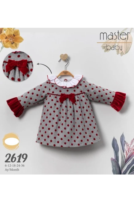 Bebe Yakali Kadife Kol Detayli Puantiyeli Elbise