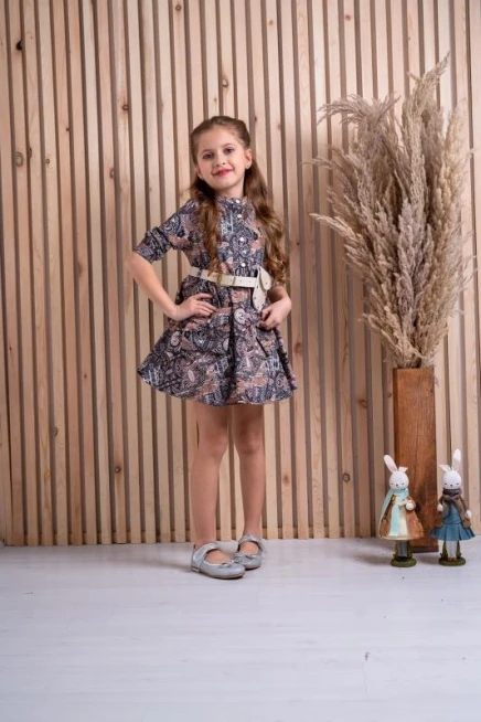 Geometrik Desen Bel Çantalı Elbise