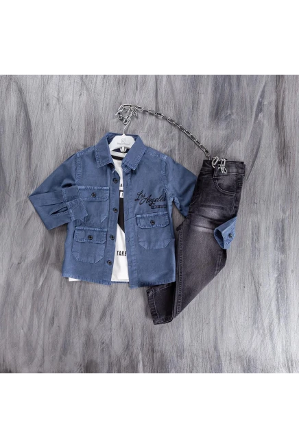 Baskili Tişört Gömlek Kot Pantolon Takim