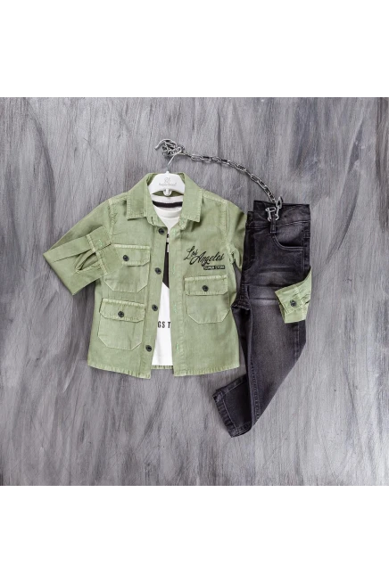 Baskili Tişört Gömlek Kot Pantolon Takim