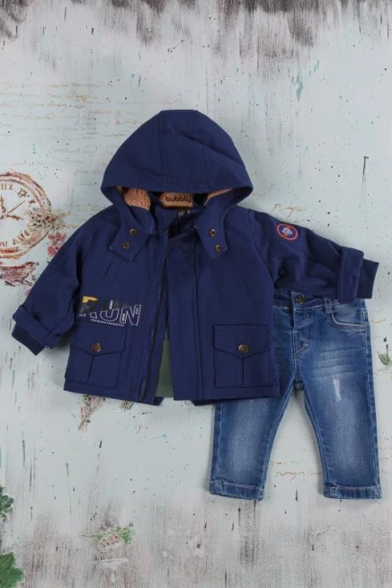 Baskili Sweatshirt Peluş Kapüşonlu Mont Kot Pantolon Tk