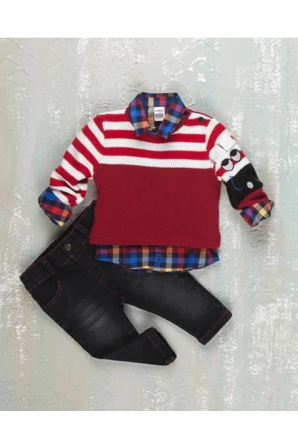 Renkli Gömlekli Çizgili Kazakli Kot Pantolon Takim