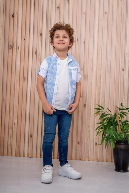 Desenli Gömlek Kot Pantolon Takım