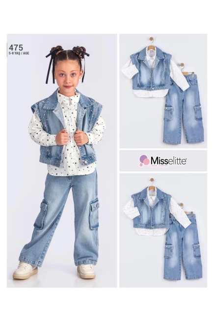 İncili Yelek Yıldızlı Gömlek Kot Pantolon Takım