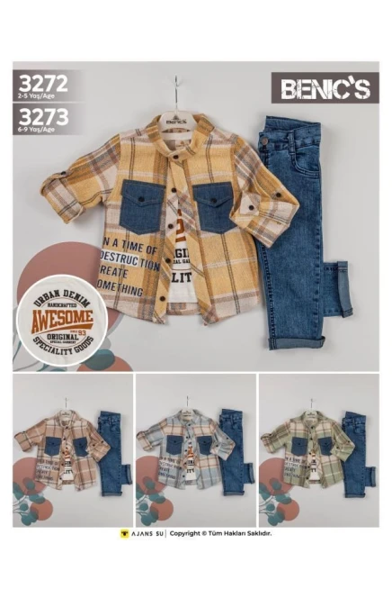 Baskili Tişört Kareli Gömlek Kot Pantolon Takim