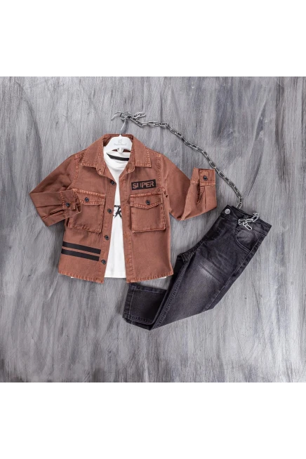 Baskili Tişört Gömlek Kot Pantolon Takim