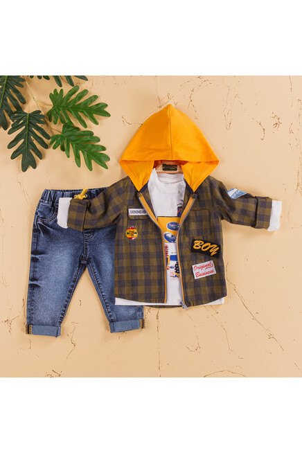 Kapişonlu Ekose Desenli Ceketli Pantolon Takım