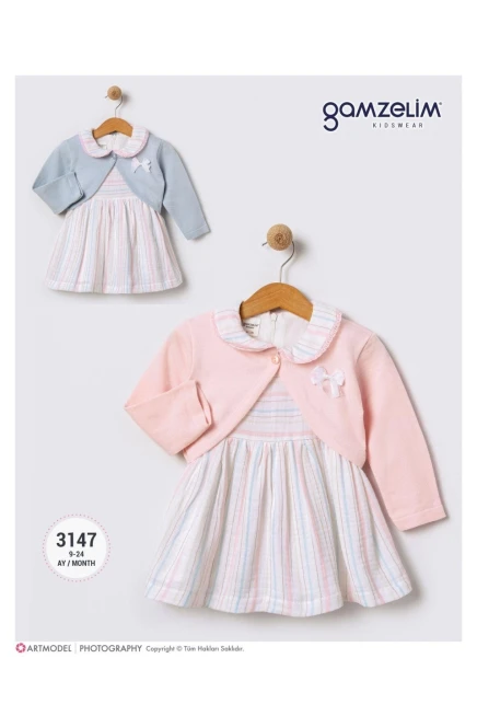 Bolerolü Çizgili Müslin Elbise