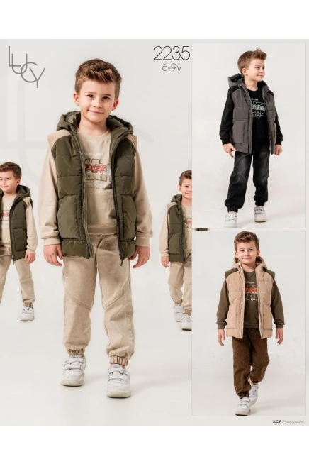 Kapüşonlu Şişme Yelekli Baskılı Sweatshırtlu Pantolonlu Takım