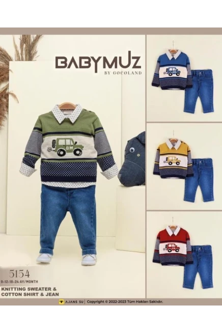 Gömlekli Araba Desen Kazaklı Kot Pantolonlu Takım