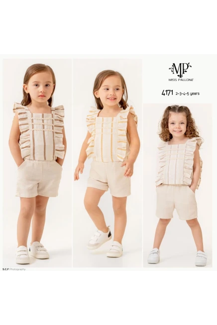 Çizgili Fırfırlı Bluzlu Şort Takım