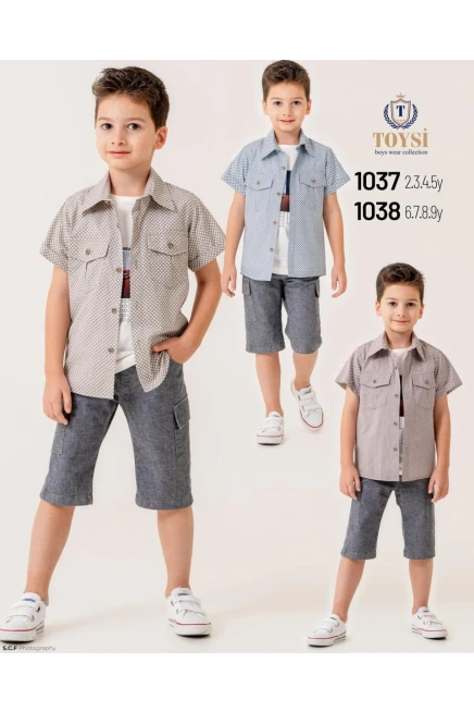 Kazayağı Desenli Gömlek Tişörtlü Şort Takım