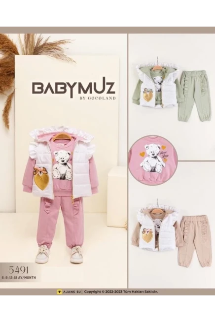 Kalpli Cep Detayli  Yelekli Ayicikli Eşofman Takimi