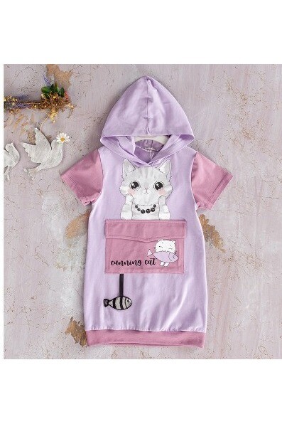 Kapişonlu Kedicik Baskılı Elbise