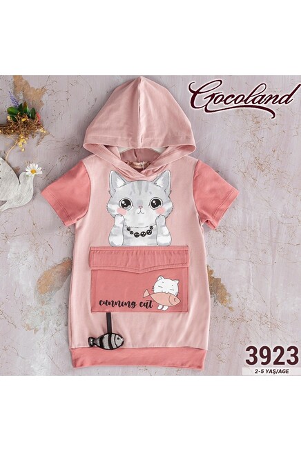 Kapişonlu Kedicik Baskılı Elbise