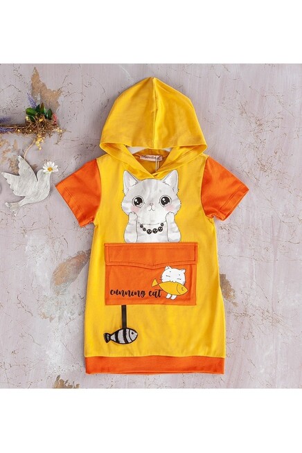 Kapişonlu Kedicik Baskılı Elbise