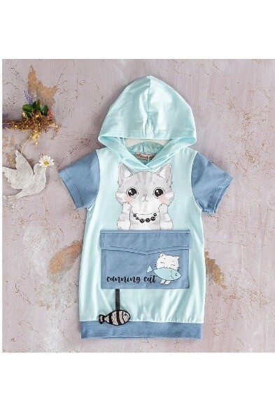 Kapişonlu Kedicik Baskılı Elbise