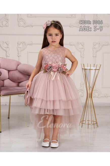 File Detaylı Gül Kemerli Kat Kat Tüllü Elbise