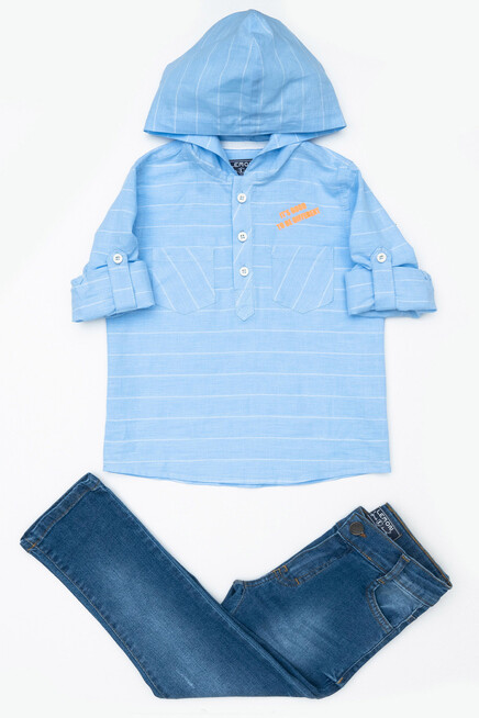 Kapişonlu Çizgili Cepli Gömlekli Kot Pantolonlu Takım