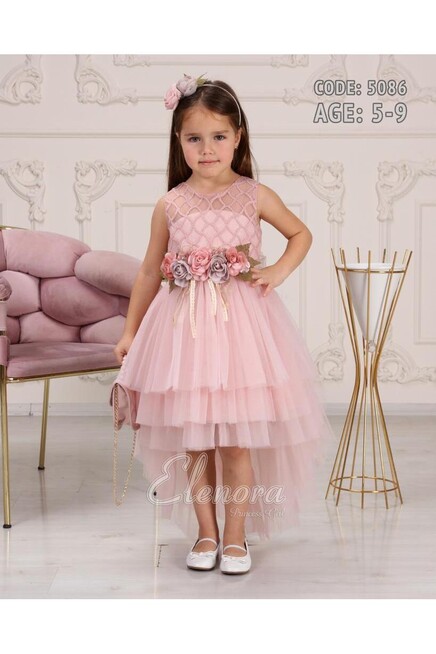 File Detaylı Gül Kemerli Kat Kat Tüllü Elbise