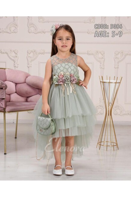 File Detaylı Gül Kemerli Kat Kat Tüllü Elbise