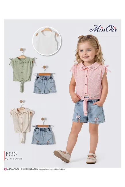 Dantelli Bağlamalı Gömlekli Kot Şort Takım