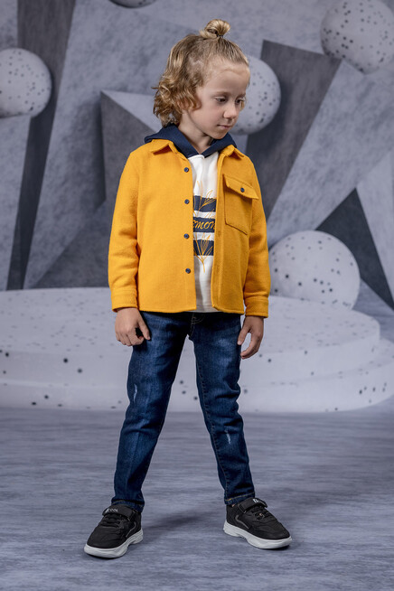 Baskili Kapüşonlu Sweatshirt Gömlek Kot Pantolon Takim