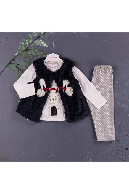 Tavşan Nakişli Bluz Peluş Yelek Puantiyeli Tayt Takim