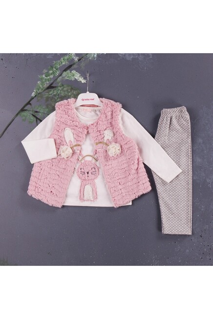 Tavşan Nakişli Bluz Peluş Yelek Puantiyeli Tayt Takim