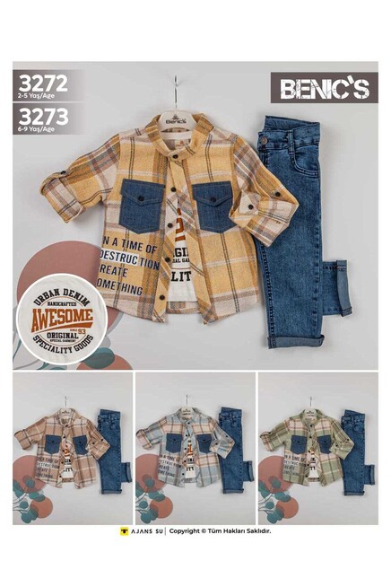 Baskili Tişört Kareli Gömlek Kot Pantolon Takim